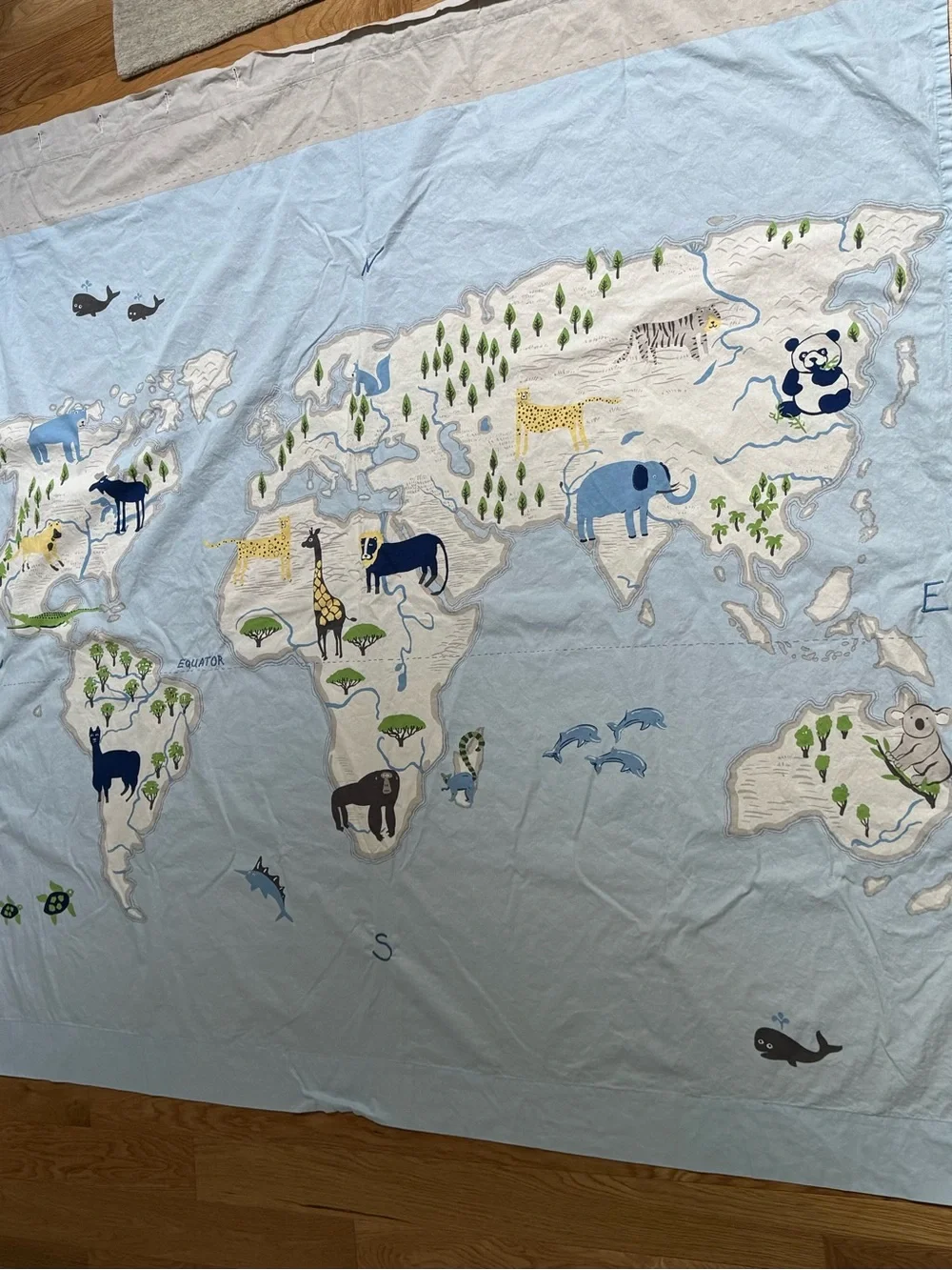 Pottery Barn Kids World Map Animals Shower Curtain 72x72 Cotton Blue